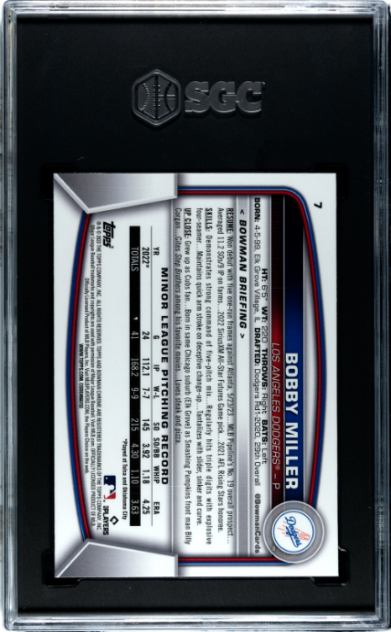2023 Bowman Chrome Sapphire #7 Bobby Miller SGC 10 Los Angeles Dodgers